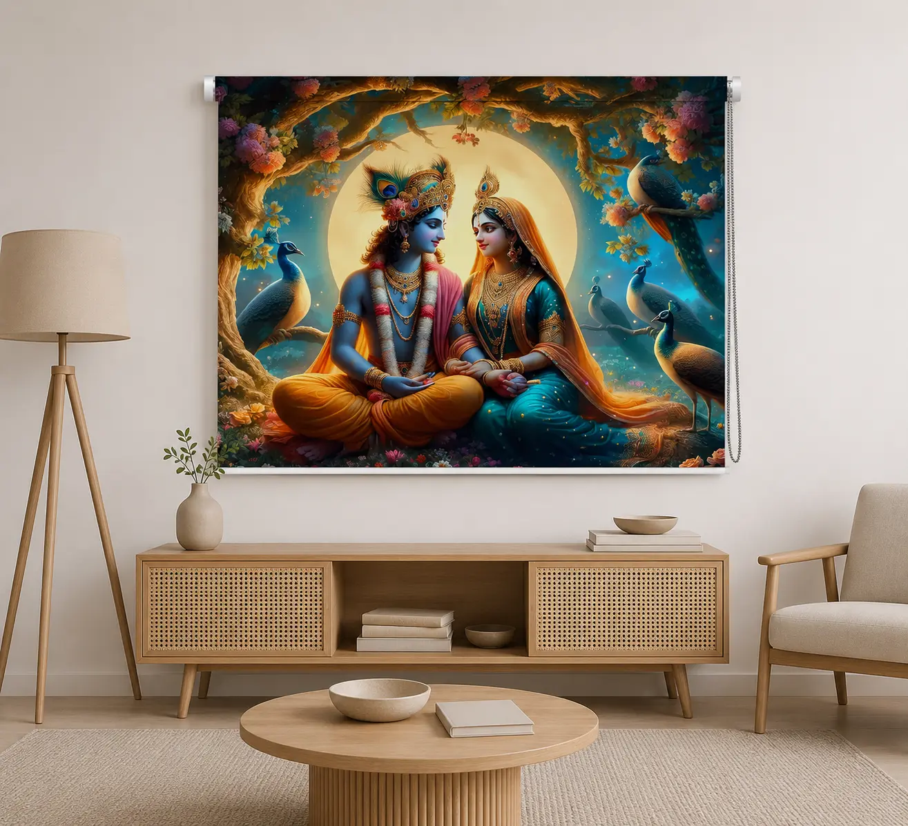 Divine Radha Krishna Moonlight Roller Blind – Peacock Garden Design 1 Divine Radha Krishna Moonlight Roller Blind – Peacock Garden Design