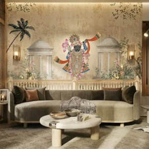 Divine Shrinathji wallpaper mural featuring traditional Indian temple architecture, lotus flowers, botanical details, and spiritual wall art in warm neutral tones