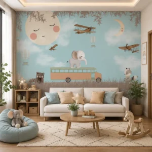Dreamy sky adventure kids wallpaper featuring an elephant on a bus, vintage airplanes, hot air balloons, woodland animals, clouds, and a smiling moon