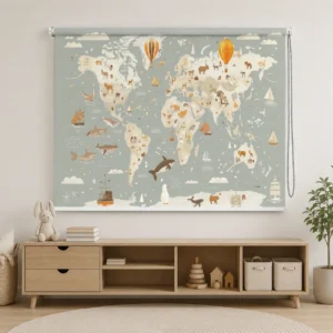 Educational Animal Adventure World Map Roller Blind for Kids Room
