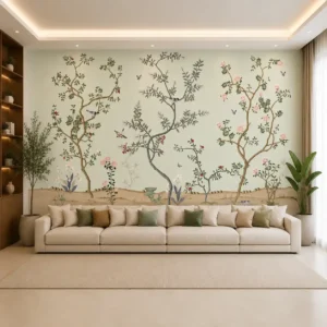 Buy premium Window Blinds & Wallpaper Online at Best Price in India 87 Botanical garden wallpaper mural featuring flowering trees, birds, butterflies, and delicate floral branches on a soft sage green background