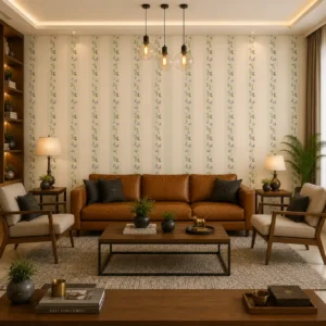 Elegant lavender floral stripe wallpaper featuring vertical botanical vines on a soft ivory background for classic and modern interiors