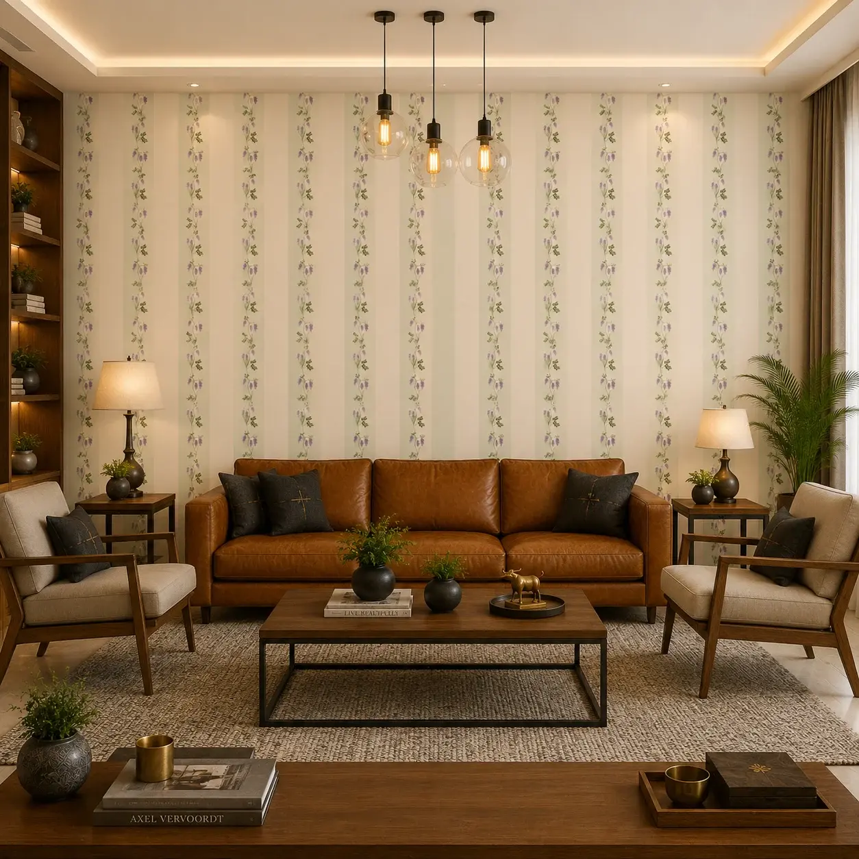 Elegant Lavender Floral Stripe Wallpaper – Vintage Botanical Design 1 Elegant lavender floral stripe wallpaper featuring vertical botanical vines on a soft ivory background for classic and modern interiors