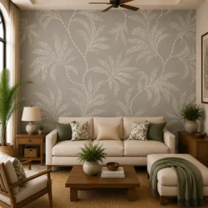 Elegant neutral botanical wallpaper featuring abstract beige and taupe leaf patterns with delicate ivory detailing for a modern living room feature wall.
