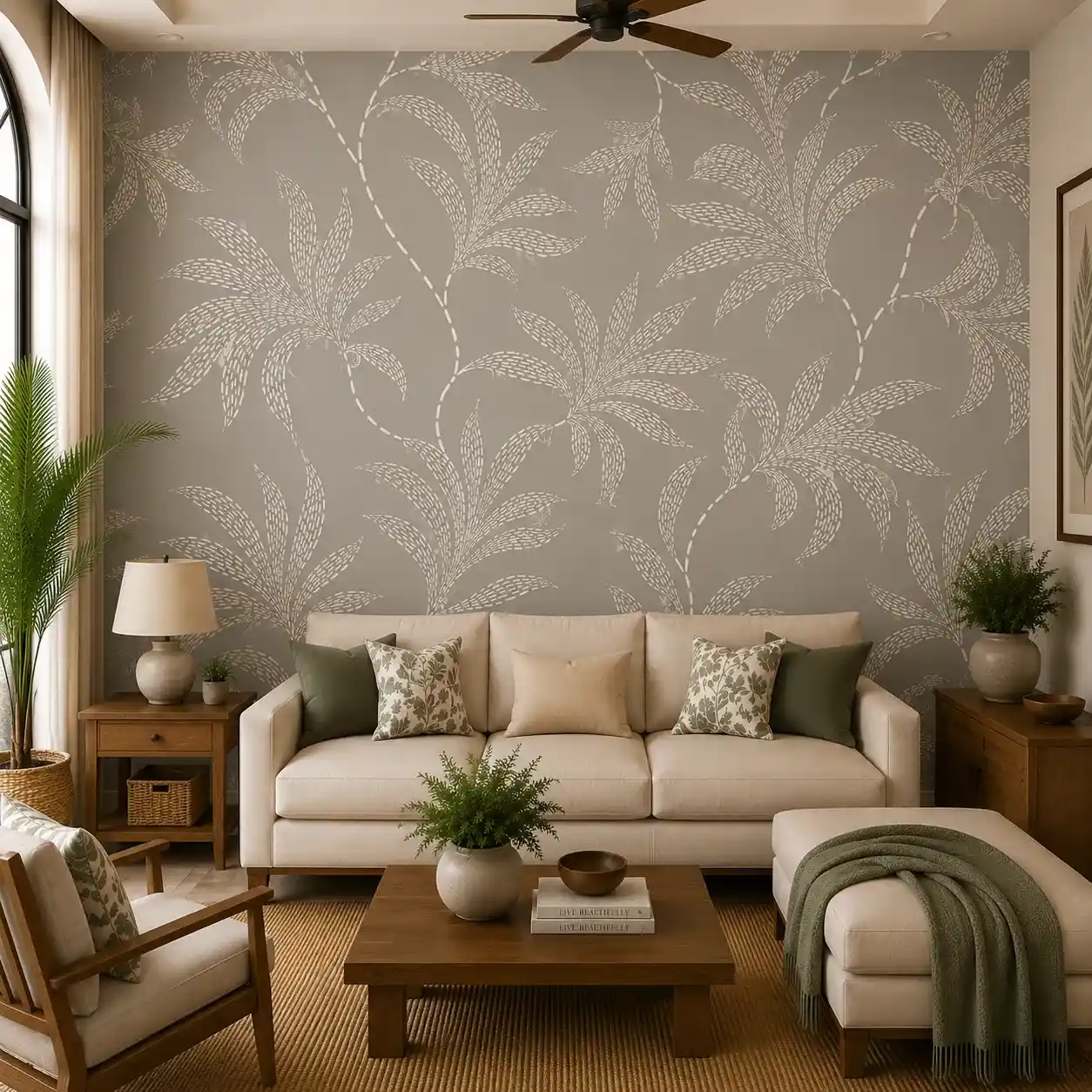 Elegant Neutral Botanical Wallpaper – Beige & Taupe Leaf Mural 1 Elegant neutral botanical wallpaper featuring abstract beige and taupe leaf patterns with delicate ivory detailing for a modern living room feature wall.