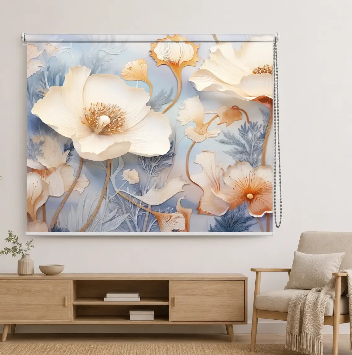 Elegant White Floral Roller Blind 1 Elegant White Floral Roller Blind