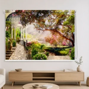 Enchanted Garden Gazebo Roller Blind with Floral Lakeside Scene
