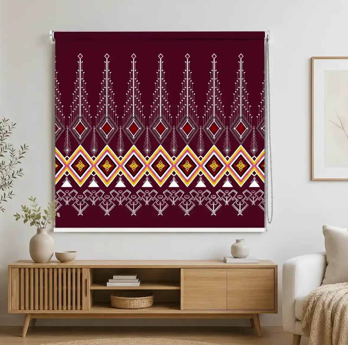 Ethnic Diamond, Burgundy Tribal Geometric Roller Blind 1 Ethnic Diamond, Burgundy Tribal Geometric Roller Blind
