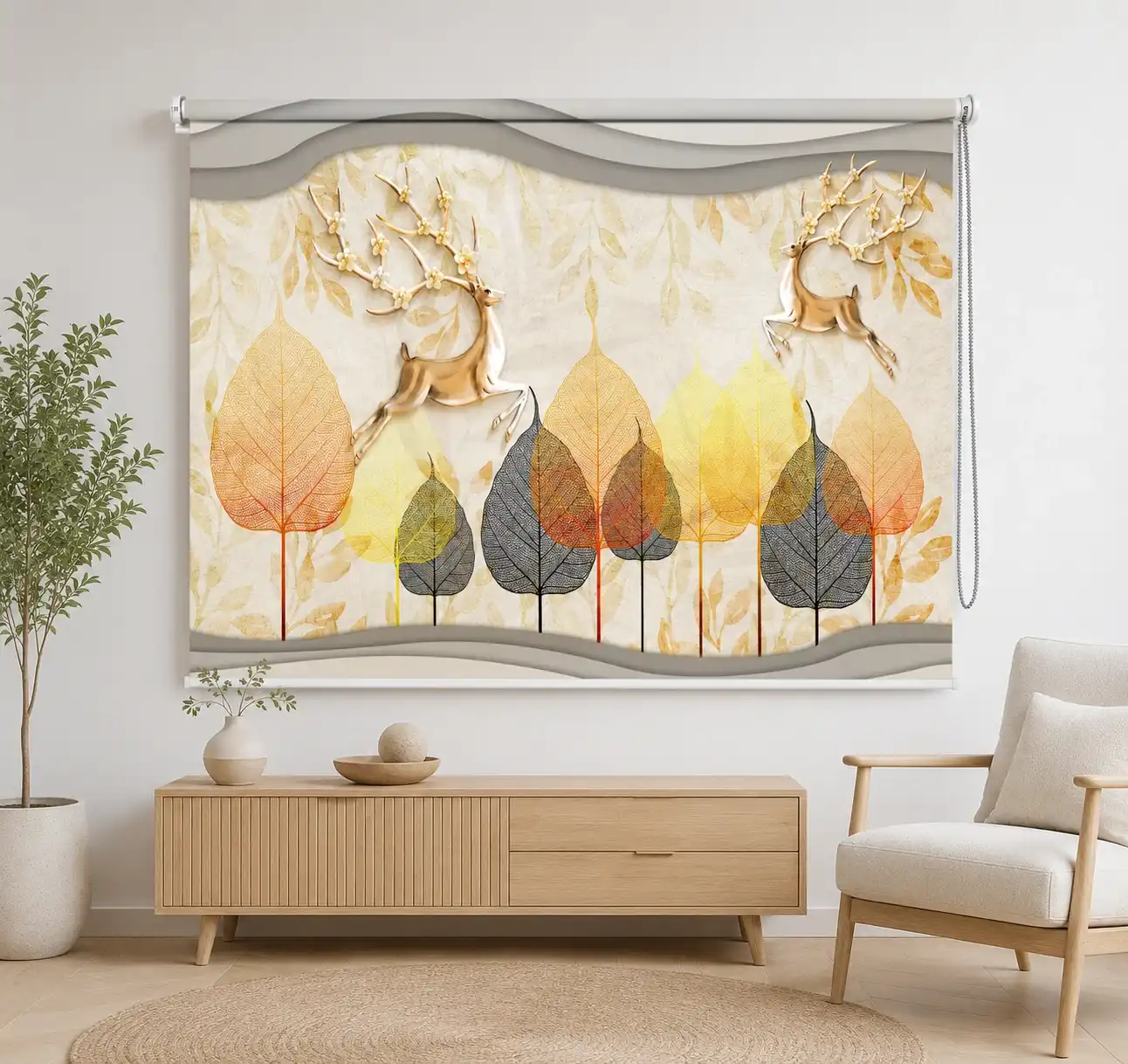 Golden Deer & Autumn Leaves Roller Blind 1 Golden Deer & Autumn Leaves Window Roller Blind