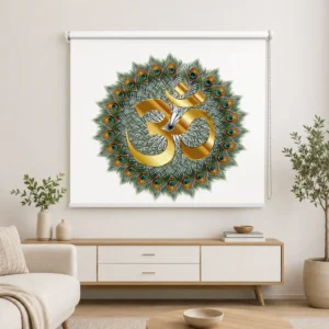 Golden Om Symbol and Peacock Feather Mandala art Design Roller Blind