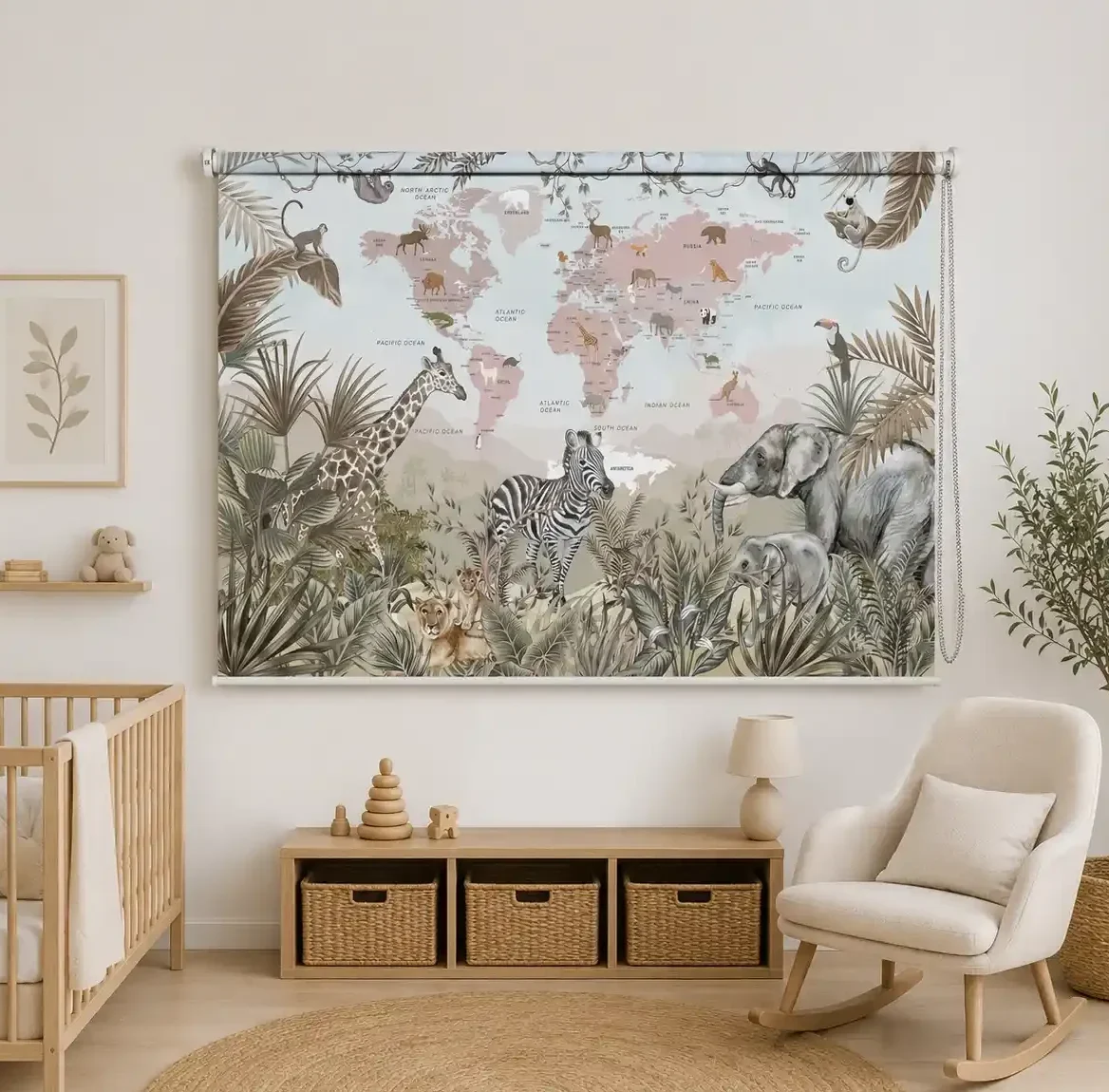 Jungle Animals Safari World Map Roller Blind 1 Jungle Animals Safari World Map Roller Blind for Kids Room