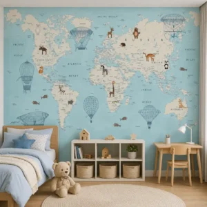 Kids world map wallpaper featuring animals, hot air balloons, continents, and educational geography illustrations on a soft blue background