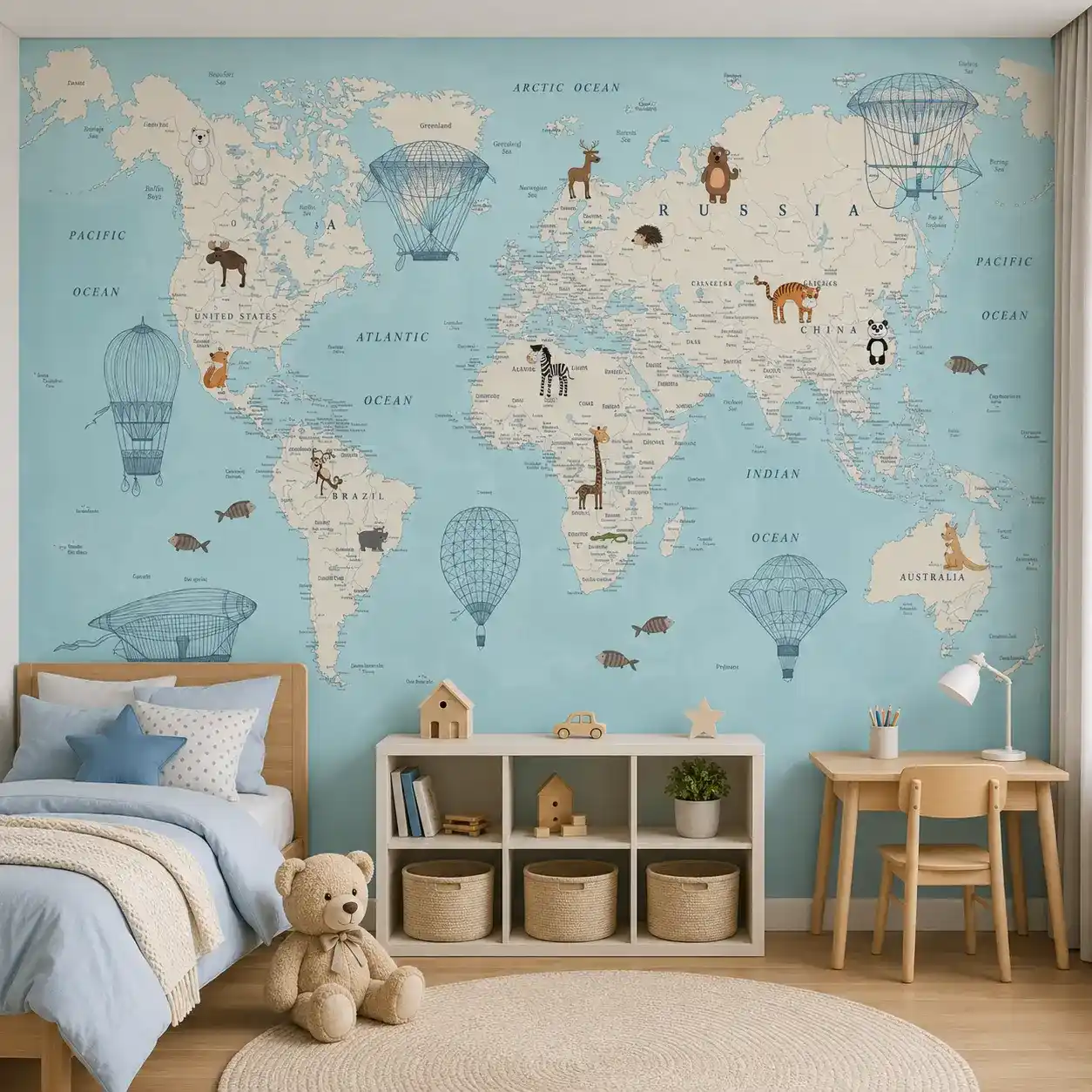 Kids Animal World Map Wallpaper – Educational Wildlife Mural 1 Kids world map wallpaper featuring animals, hot air balloons, continents, and educational geography illustrations on a soft blue background