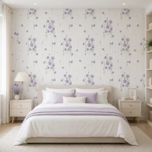 White wallpaper with soft lavender purple floral bouquets arranged in a vertical botanical stripe pattern for an elegant bedroom interior.