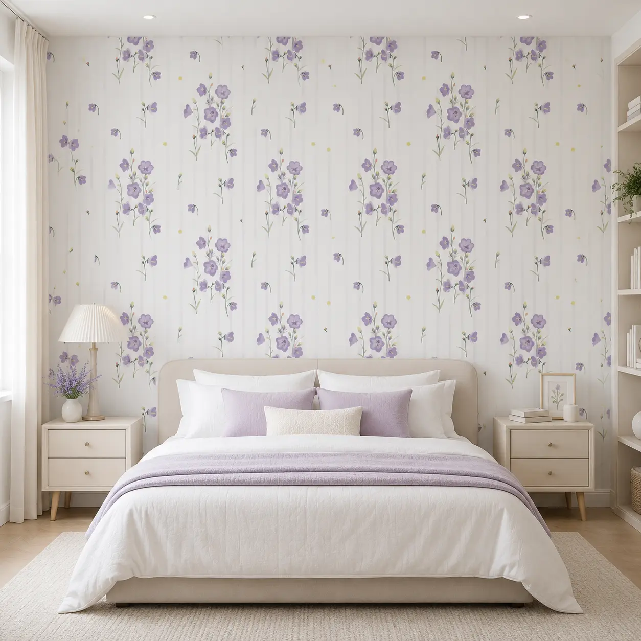 Lavender Floral Stripe Wallpaper – Soft Purple Botanical Pattern 1 White wallpaper with soft lavender purple floral bouquets arranged in a vertical botanical stripe pattern for an elegant bedroom interior.
