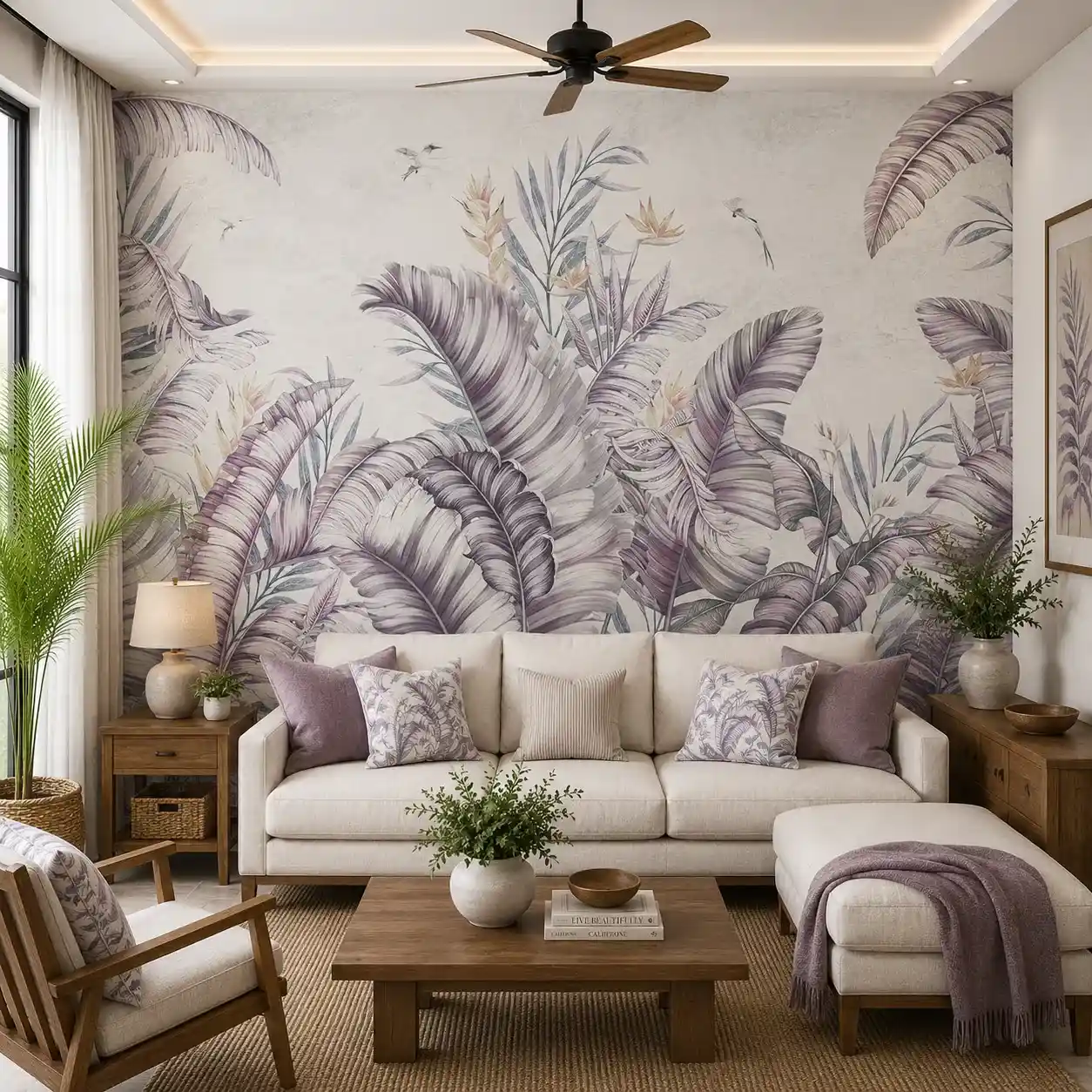 Palm Leaf, Lavender Tropical Botanical Wallpaper 1 Lavender Tropical Botanical Wallpaper – Purple Palm Leaf Mural