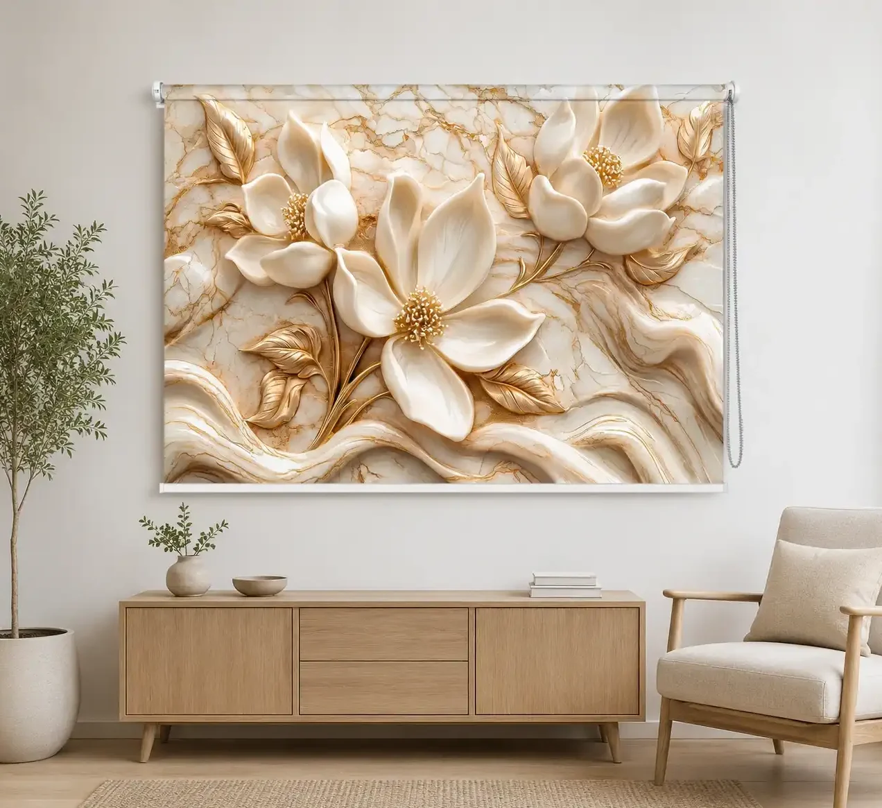 Luxury 3D White Magnolia Floral Roller Blind 1 Luxury 3D White Magnolia Floral Roller Blind