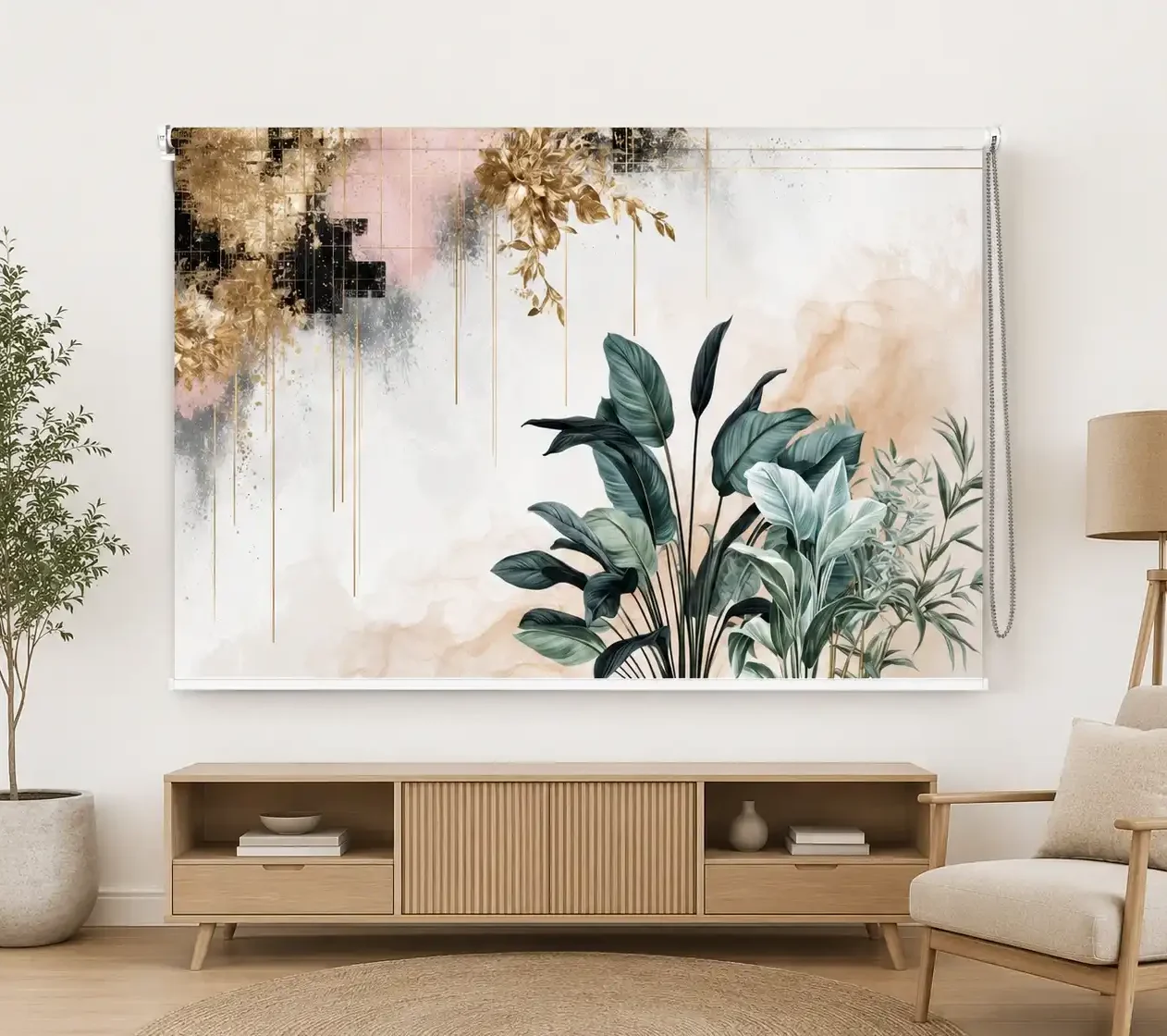Luxury Gold Botanical Roller Blind – Tropical Leaf Window Shade 1 Luxury Gold Botanical Roller Blind – Tropical Leaf Window Shade