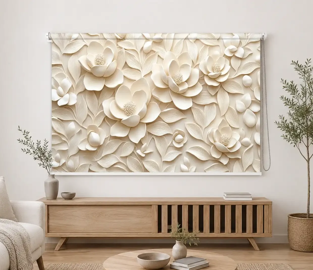 Luxury Magnolia 3D Ivory Floral Roller Blind 1 Luxury Magnolia 3D Ivory Floral Roller Blind