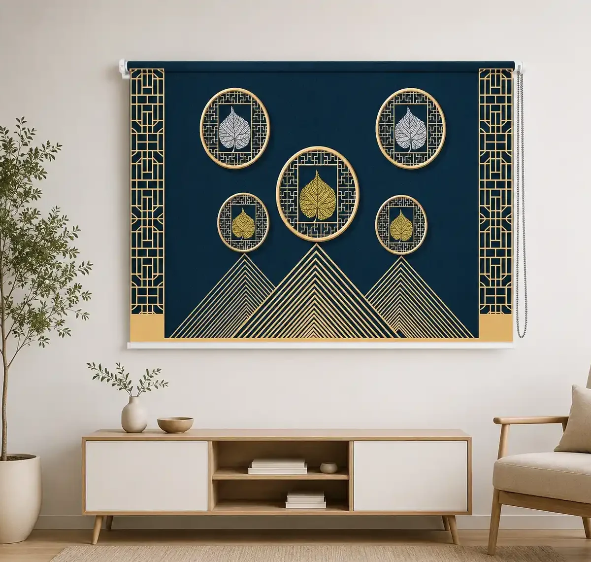 Luxury Navy Blue Geometric Leaf Roller Blind 1 Luxury Navy Blue Geometric Leaf Roller Blind