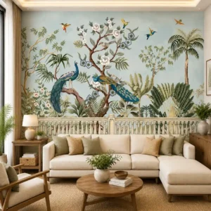 Luxury Peacock Garden Wallpaper – Botanical Tree & Tropical Birds Wall Mural for Elegant Living Spaces