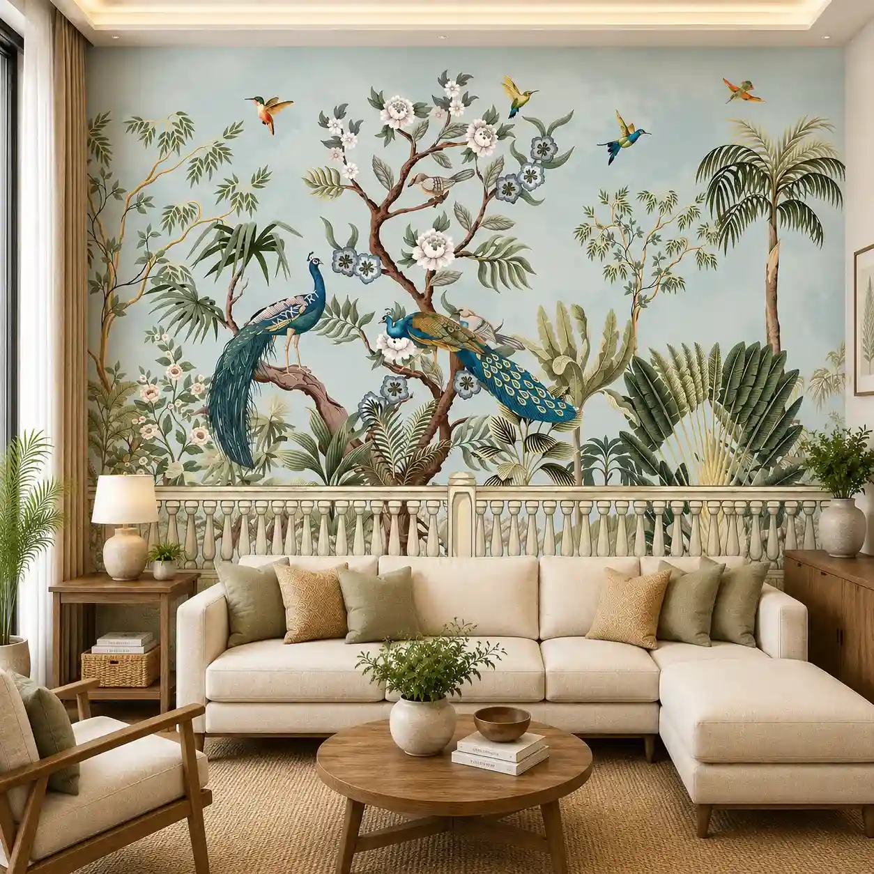 Botanical Birds, Luxury Peacock Garden Wallpaper 1 Luxury Peacock Garden Wallpaper – Botanical Tree & Tropical Birds Wall Mural for Elegant Living Spaces