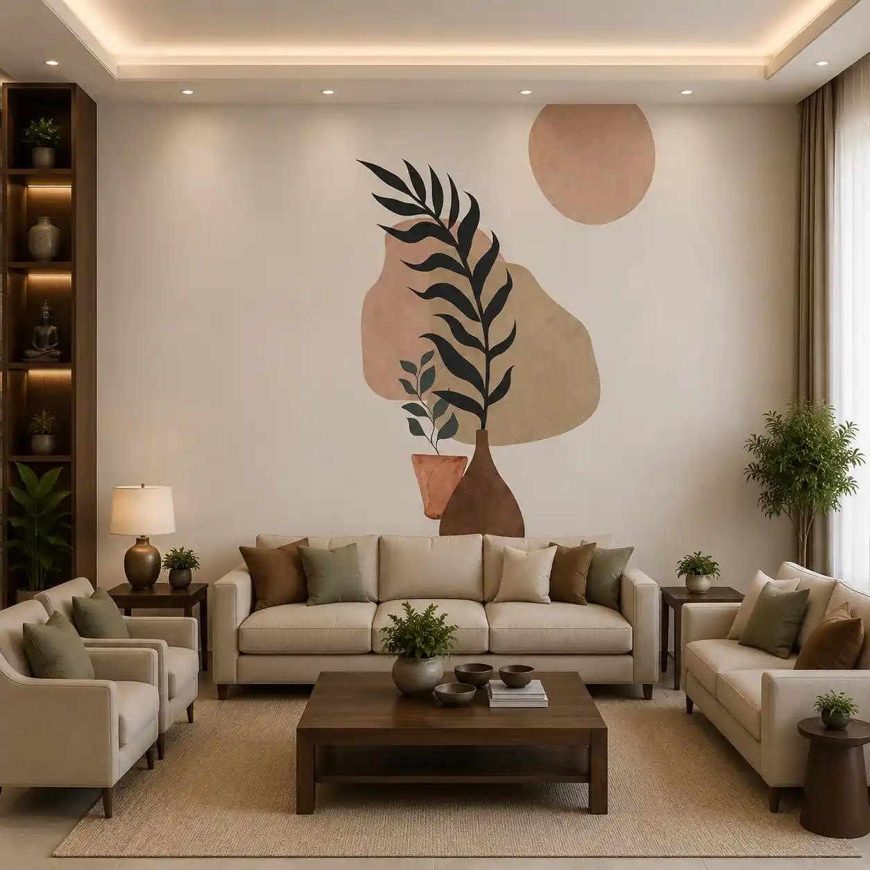 Minimalist Botanical Vase Wallpaper 1 Minimalist botanical vase wallpaper mural featuring abstract leaves, organic shapes, earthy tones, and modern contemporary wall art