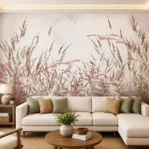 Minimalist Wild Meadow Wallpaper with Botanical Grass & Pink Wildflowers