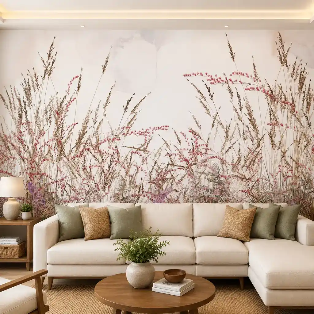 Minimalist Wild Meadow Wallpaper with Botanical Grass & Pink Wildflowers 1 Minimalist Wild Meadow Wallpaper with Botanical Grass & Pink Wildflowers