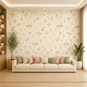 Minimalist wildflower botanical wallpaper with delicate pastel floral illustrations and soft cream background for modern and cozy interiors