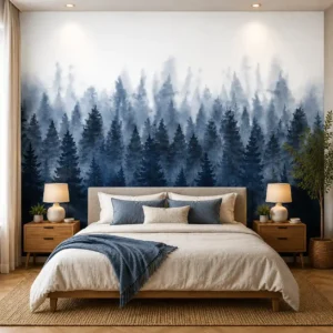 Watercolor misty blue pine forest wallpaper featuring layered evergreen trees in navy and grey tones, creating a serene woodland wall mural for a modern bedroom.