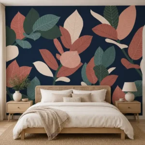 Modern navy blue wallpaper featuring oversized abstract tropical leaves in terracotta, sage green, and cream botanical design for a contemporary bedroom.