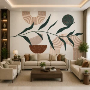 Modern botanical geometric wallpaper mural featuring abstract leaves, terracotta arches, minimalist circles, and contemporary organic wall art design