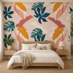 Modern tropical botanical wallpaper featuring oversized abstract navy blue, teal, mustard, and terracotta leaves on a soft neutral background for a contemporary bedroom feature wall.