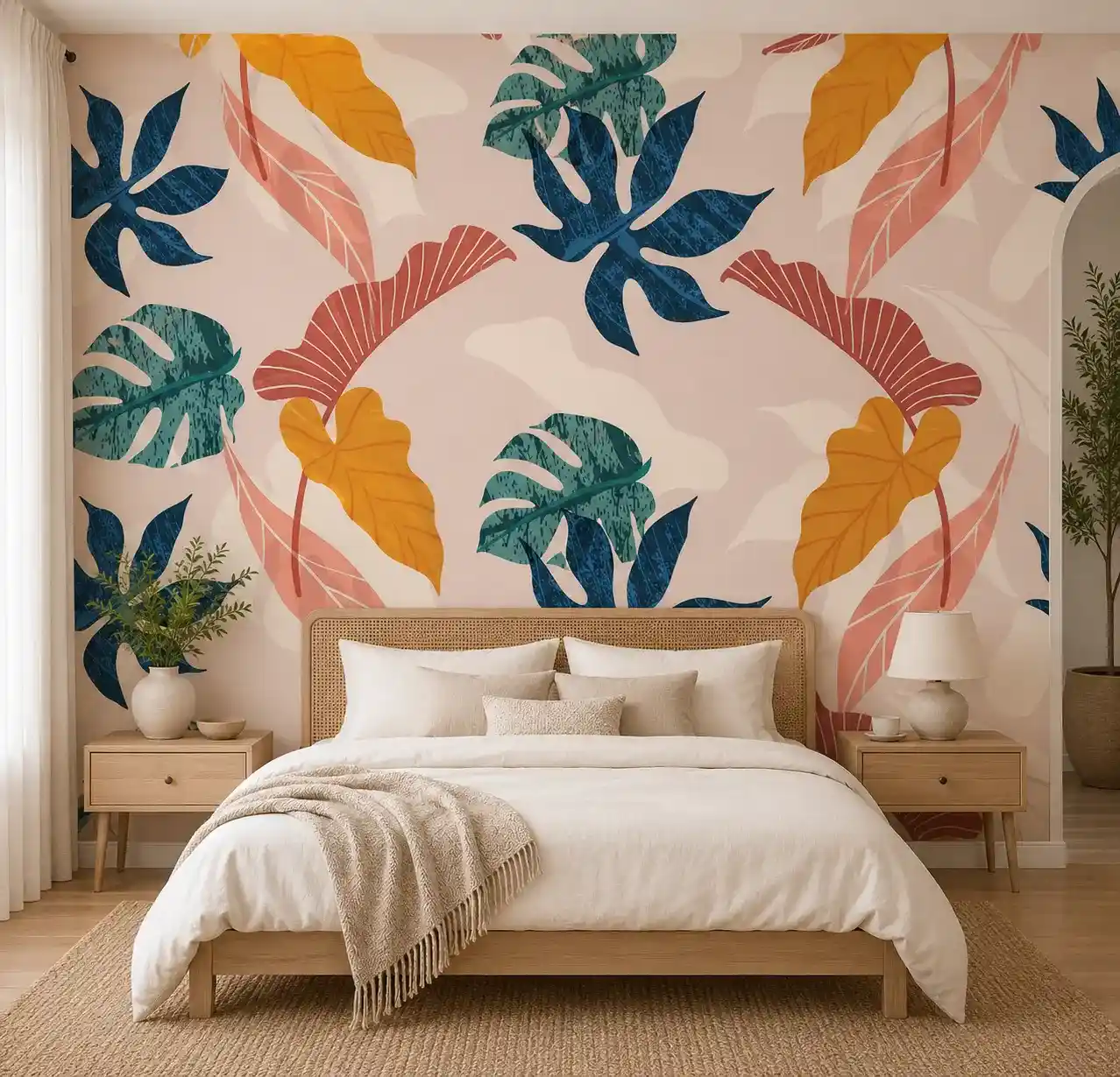 Modern Tropical Botanical Wallpaper – Abstract Large Leaf Mural 1 Modern tropical botanical wallpaper featuring oversized abstract navy blue, teal, mustard, and terracotta leaves on a soft neutral background for a contemporary bedroom feature wall.
