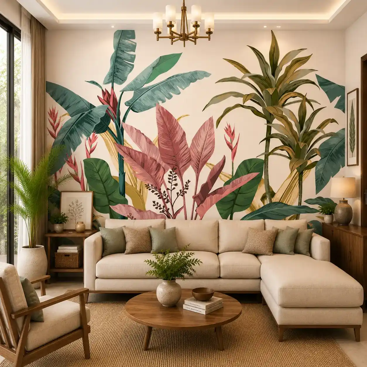 Modern Tropical Botanical Wallpaper – Banana Leaves & Pink Foliage 1 Modern tropical botanical wallpaper featuring oversized banana leaves, lush green foliage, and blush pink tropical plants on a neutral background for contemporary interiors.