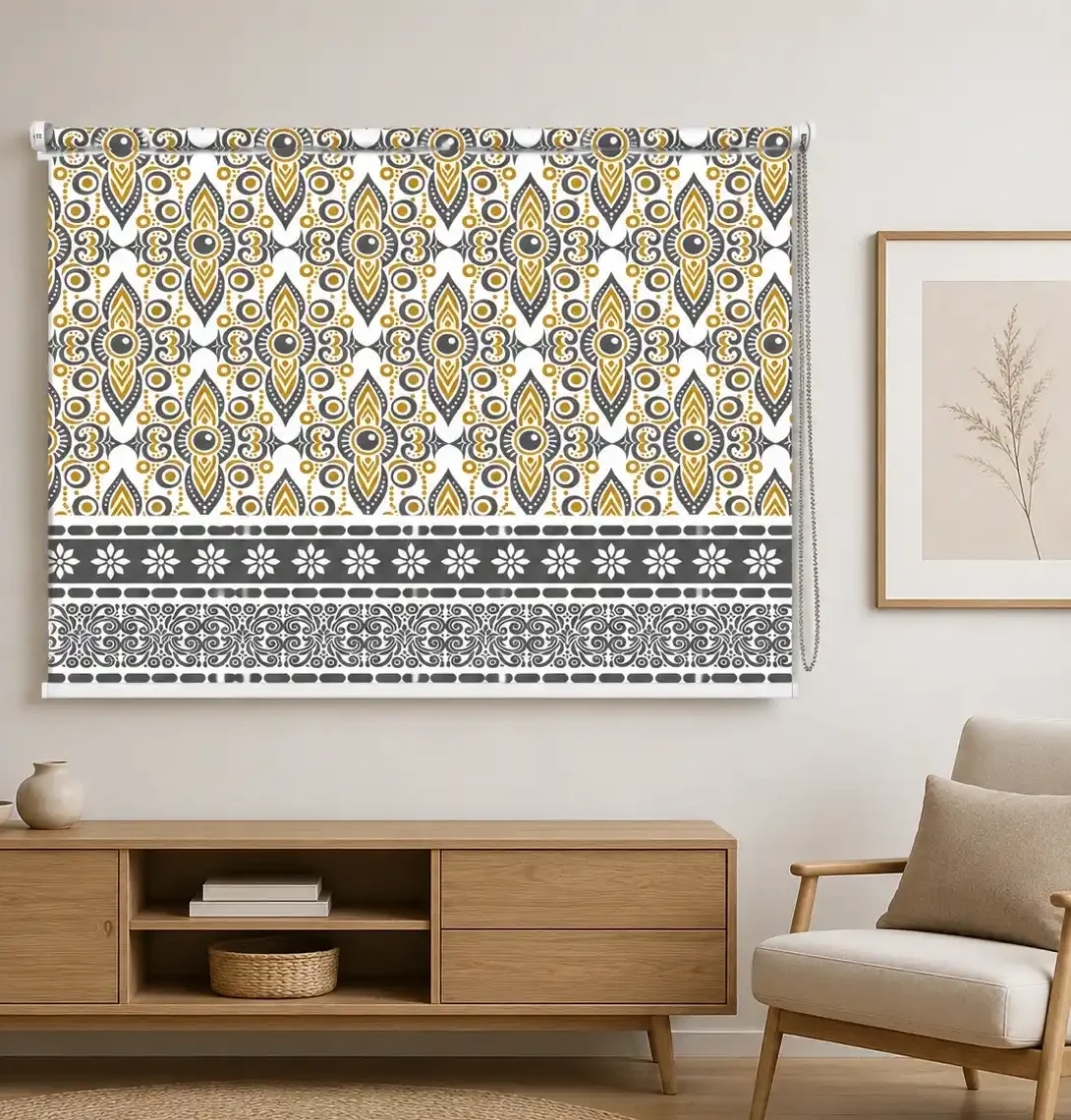 Mustard Yellow & Grey Ethnic Geometric Roller Blind 1 Mustard Yellow & Grey Ethnic Geometric Roller Blind