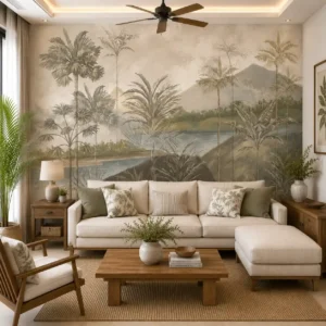 Neutral Tropical Landscape Wallpaper – Vintage Palm Trees & Serene Lake Scenic Wall Mural in Beige & Earth Tones