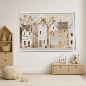 Neutral Village House Roller Blind with Scandinavian Woodland Design