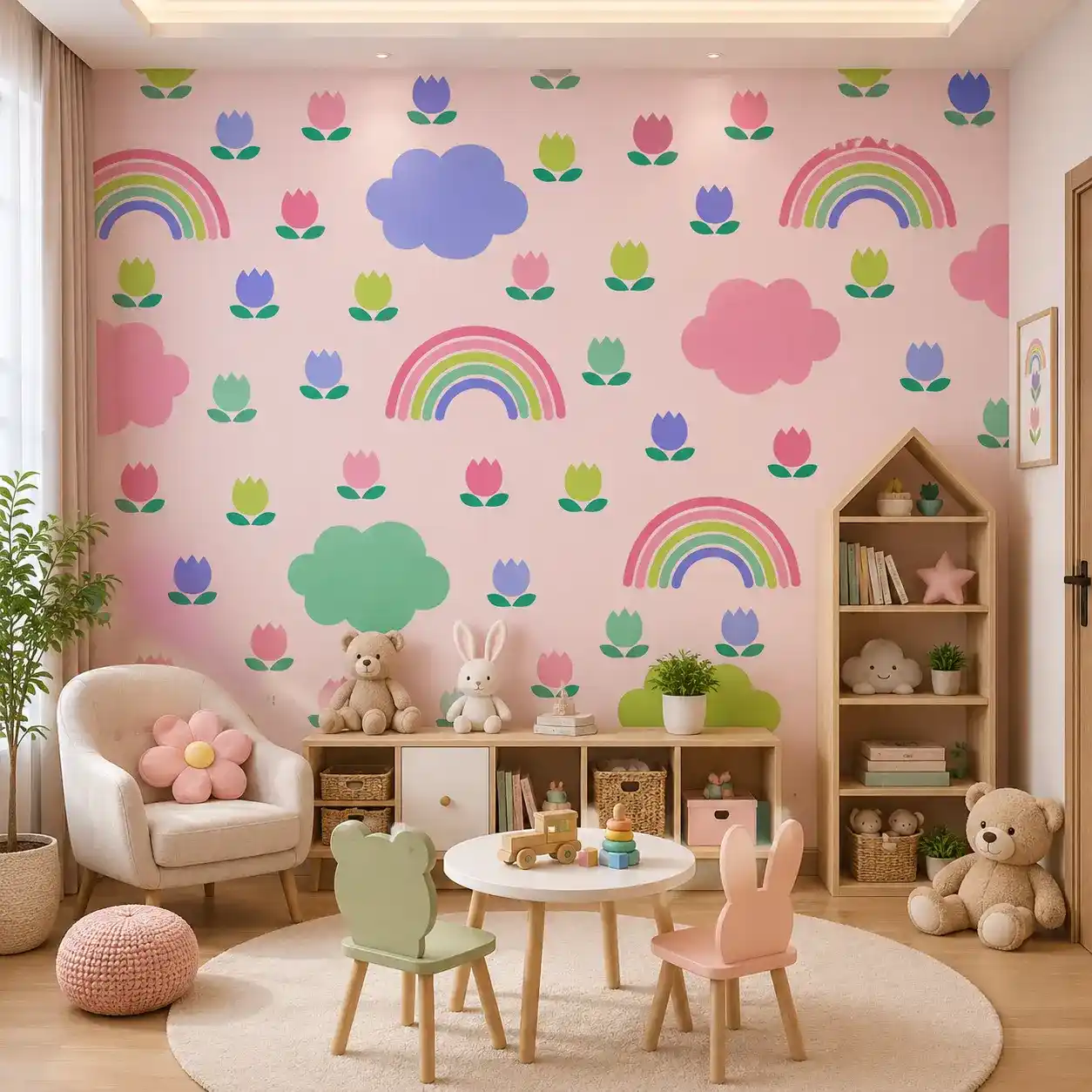 Pastel Rainbow & Tulip Kids Wallpaper – Cute Nursery Wall Mural 1 Pastel kids wallpaper featuring colorful rainbows, fluffy clouds, and tulip flowers on a soft pink background for nursery and playroom décor.