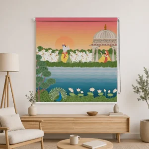 Radha Krishna Cowherd Lake Scene Roller Blind for mandir and pooja room