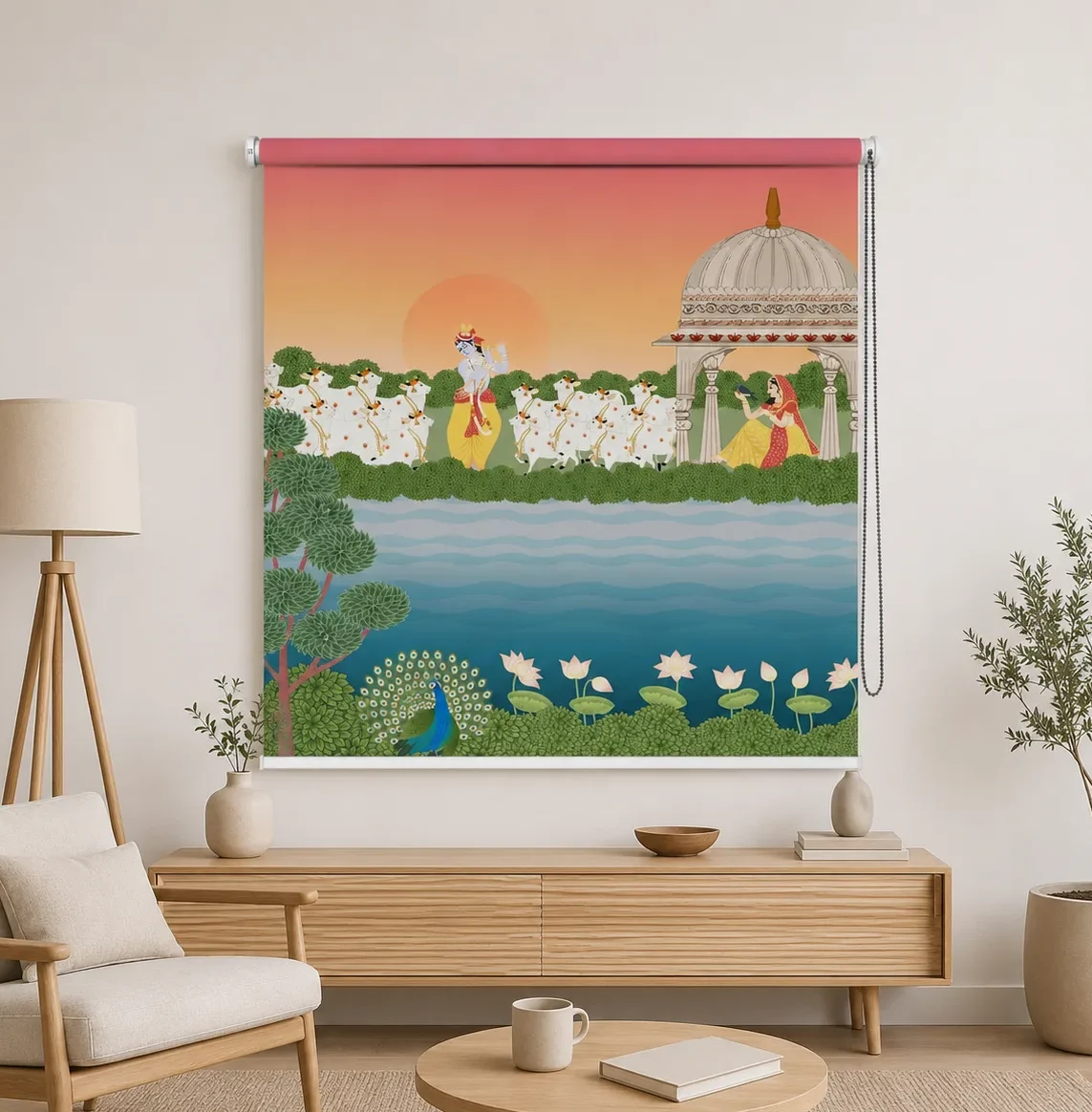 Radha Krishna Cowherd Lake Scene Roller Blind 1 Radha Krishna Cowherd Lake Scene Roller Blind for mandir and pooja room