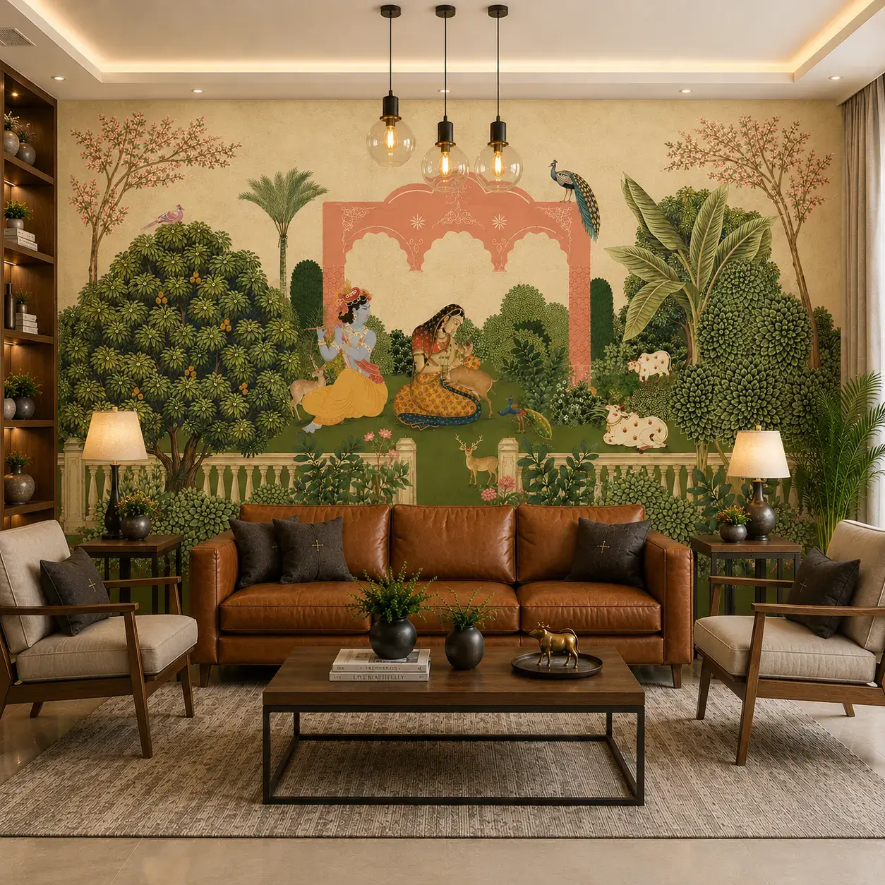 Radha Krishna Royal Garden Wallpaper – Indian Heritage Art 1 Radha Krishna royal garden wallpaper mural featuring peacocks, deer, cows, lush greenery, and traditional Indian heritage artwork