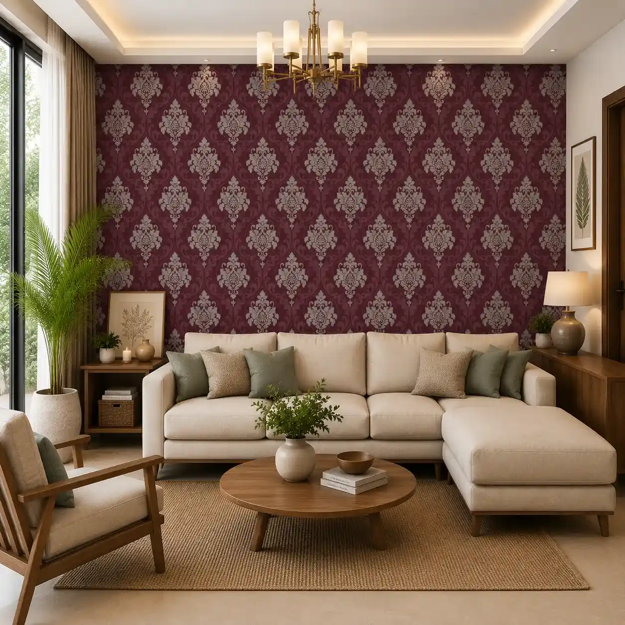 Royal Burgundy Damask Wallpaper 1 Royal burgundy damask wallpaper featuring elegant silver floral medallion motifs in a classic Victorian-inspired repeating pattern for luxury interiors.