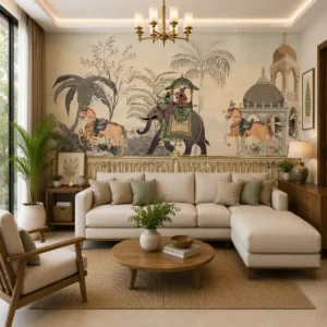 Royal Indian heritage wallpaper featuring a decorated elephant procession, traditional horses, Mughal palace architecture, tropical trees, and vintage Indian mural artwork.
