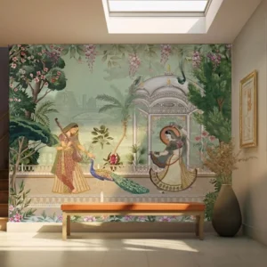 Royal Indian garden wallpaper featuring a Mughal pavilion, traditional Rajasthani women, peacock, tropical trees, floral vines, and vintage botanical mural design.