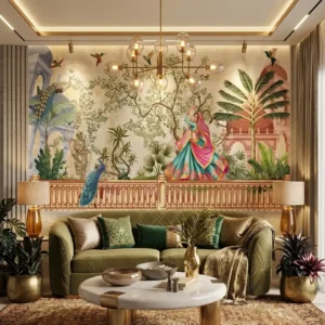 Royal Indian garden wallpaper featuring a traditional Rajasthani dancer, peacocks, tropical plants, palace architecture, hummingbirds, and botanical mural design for luxury interiors.