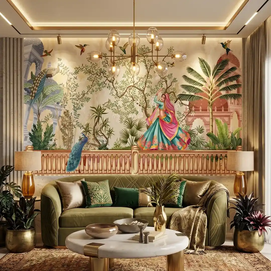 Royal Indian Garden Wallpaper – Rajasthani Palace & Peacock Mural 1 Royal Indian garden wallpaper featuring a traditional Rajasthani dancer, peacocks, tropical plants, palace architecture, hummingbirds, and botanical mural design for luxury interiors.