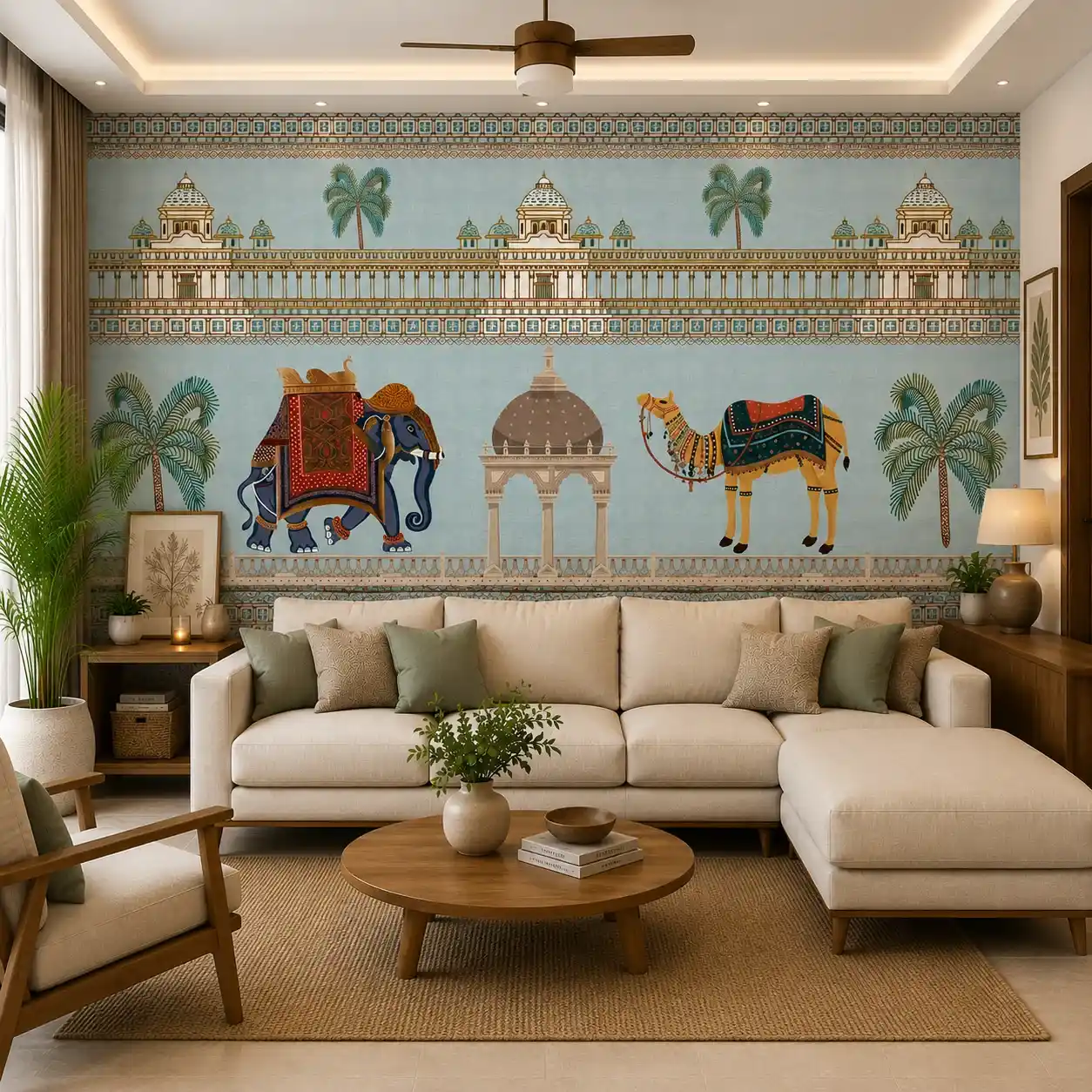 Royal Indian Heritage Wallpaper 1 Royal Indian heritage wallpaper featuring a decorated elephant and camel with Mughal palace architecture, palm trees, and traditional Rajasthani-inspired mural design on a blue background.