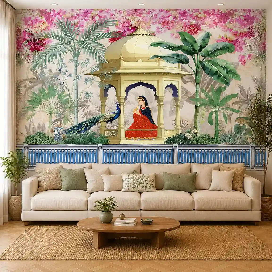 Royal Indian Palace Garden Wallpaper – Pink Mughal Peacock Mural 1 Royal Indian palace garden wallpaper featuring a Mughal pavilion, peacock, tropical plants, pink blossoms, and traditional Indian mural artwork for luxury interior décor.
